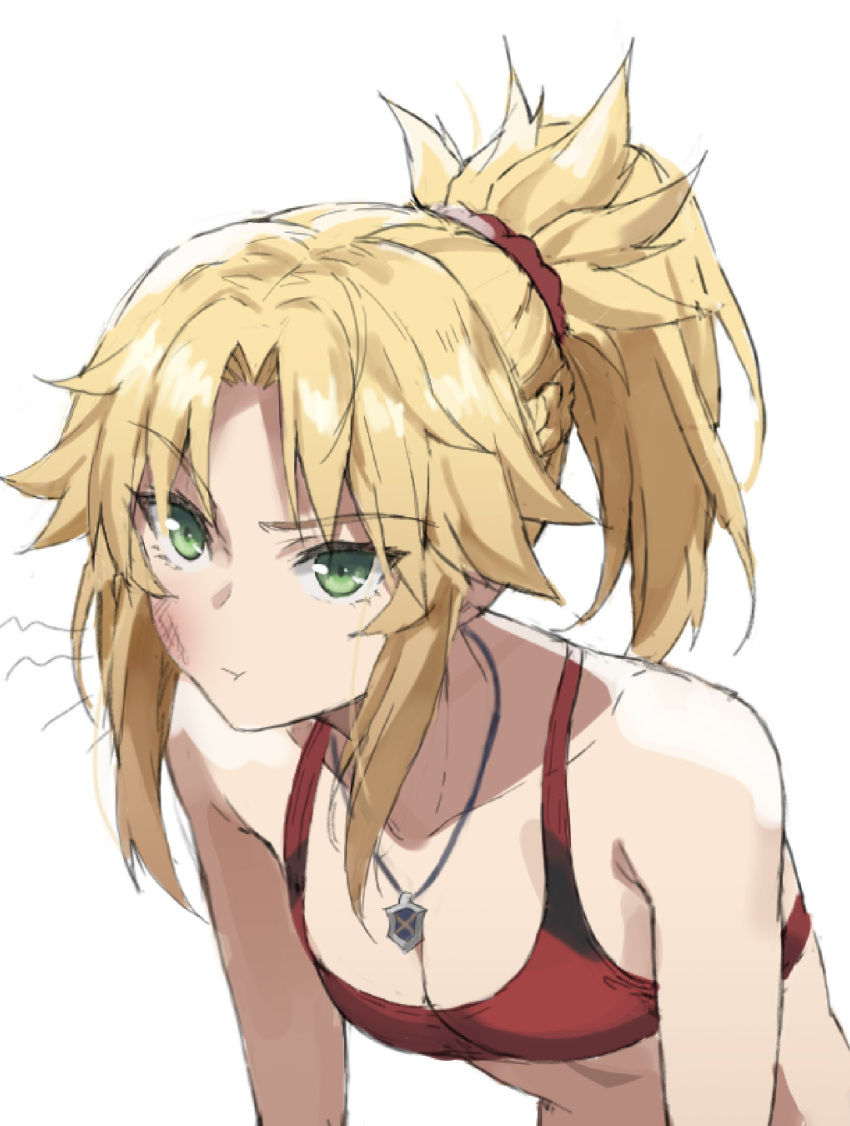 1girl bangs blonde_hair bra braid breasts fate/apocrypha fate_(series) french_braid green_eyes hair_ornament hair_scrunchie highres jewelry long_hair looking_at_viewer mordred_(fate) mordred_(fate)_(all) necklace parted_bangs ponytail red_bra scrunchie sidelocks small_breasts sports_bra tonee underwear