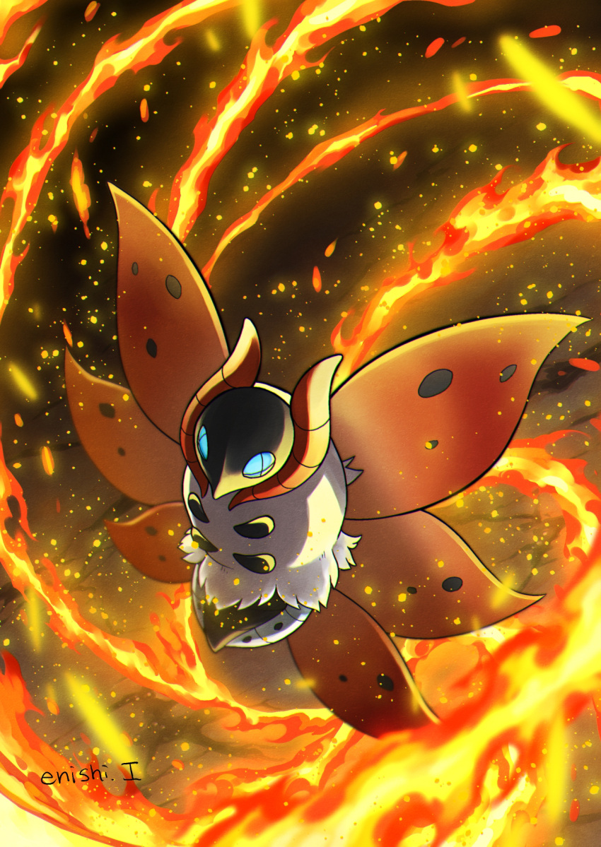 artist_name blue_eyes bug commentary_request enishi_(menkura-rin10) fire from_above gen_5_pokemon highres insect moth no_humans pokemon pokemon_(creature) solo volcarona watermark white_fur