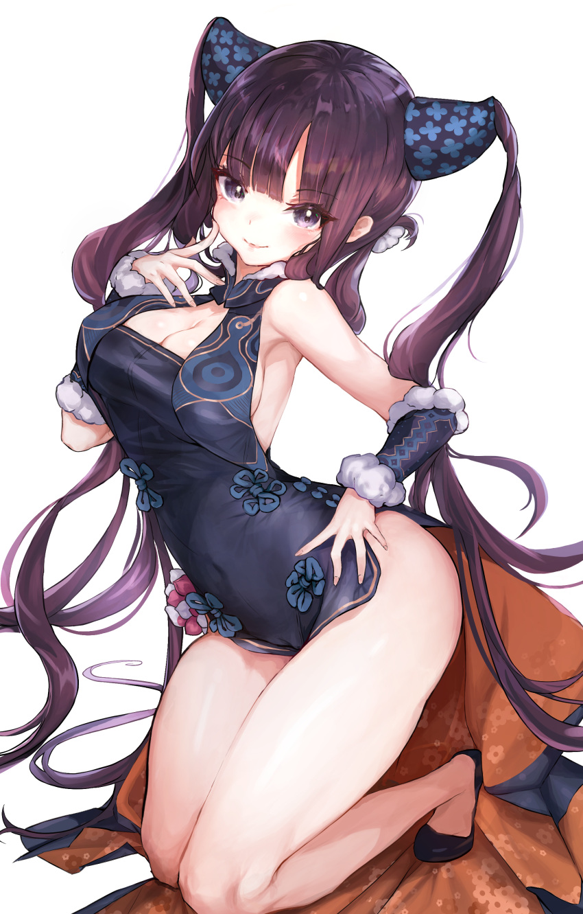 1girl absurdres alpakane bangs bare_shoulders black_dress blue_eyes blunt_bangs blush breasts china_dress chinese_clothes cleavage closed_mouth detached_sleeves dress fate/grand_order fate_(series) hair_ornament high_heels highres kneeling large_breasts long_hair looking_at_viewer purple_hair side_slit sidelocks thighs twintails very_long_hair white_background yang_guifei_(fate/grand_order)