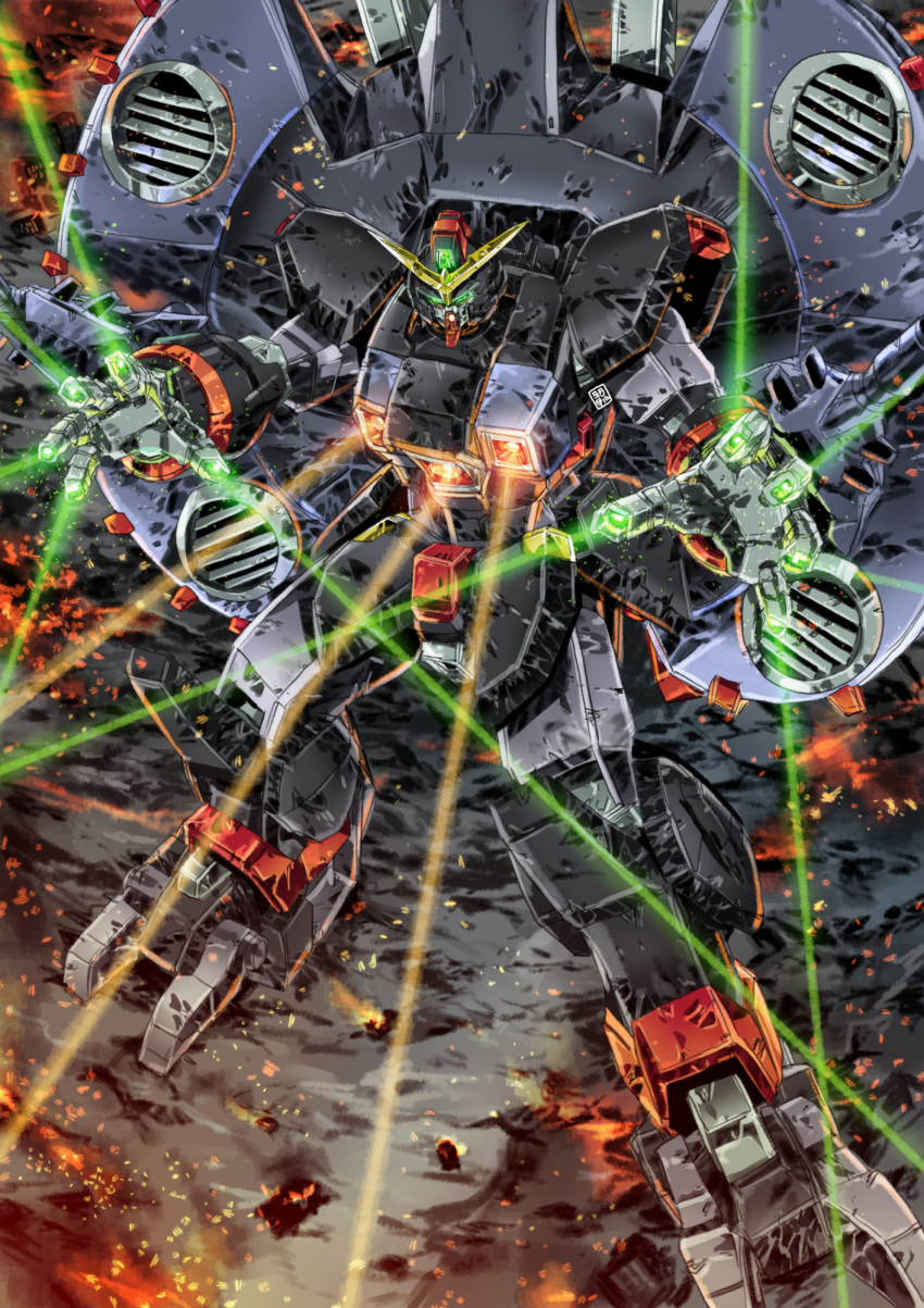 destroy_gundam embers fire garimpeiro glowing glowing_eyes green_eyes gundam gundam_seed gundam_seed_destiny highres laser mecha mobile_suit no_humans science_fiction standing v-fin