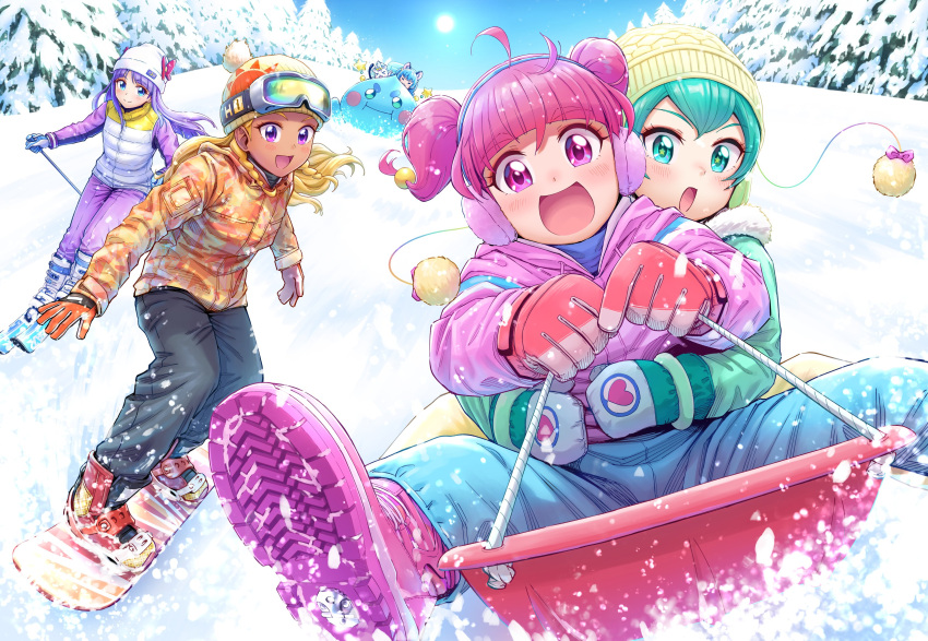 5girls :3 :d :o absurdres ahoge amamiya_erena animal_ears antennae aqua_eyes aqua_hair bangs beanie black_pants blonde_hair blue_eyes blue_hair blue_pants blunt_bangs blunt_ends blush boots bow cat_ears closed_mouth coat crescent_print day earmuffs eyebrows_visible_through_hair floating_hair fuwa_(precure) gloves goggles goggles_on_head hagoromo_lala hair_bobbles hair_ornament happy hat hat_bow highres hoshina_hikaru hug hug_from_behind itou_shin'ichi kaguya_madoka long_hair looking_at_viewer mittens moon_print multiple_girls open_mouth orange_coat pants perspective pine_tree pink_coat pink_footwear pink_hair pom_pom_(clothes) precure prunce_(precure) purple_eyes purple_hair purple_pants side_braids sideways_glance ski_boots ski_gear ski_goggles skiing skis sky sled sledding smile snow snowboard snowboarding star_twinkle_precure sun sun_(symbol) sun_print tree white_headwear winter winter_clothes winter_coat yellow_headwear yuni_(precure)