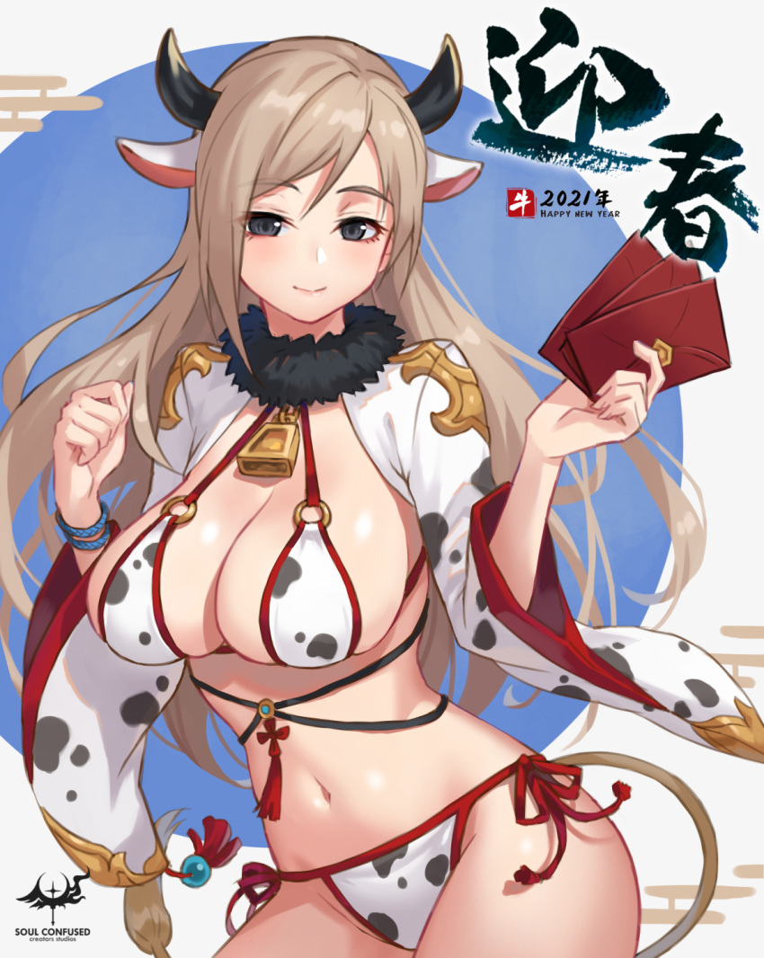 1girl 2021 animal_ears animal_print bell bikini black_eyes breasts brown_hair cleavage closed_mouth commentary_request contrapposto cow_ears cow_girl cow_horns cow_print cow_tail cowbell cowboy_shot egasumi envelope eyebrows_visible_through_hair fur_collar happy_new_year highres holding holding_envelope horns large_breasts long_hair long_sleeves looking_at_viewer navel new_year original print_bikini red_ribbon ribbon shrug_(clothing) side-tie_bikini smile solo stomach swimsuit tail tassel two-tone_background very_long_hair white_bikini wide_sleeves wox wristband