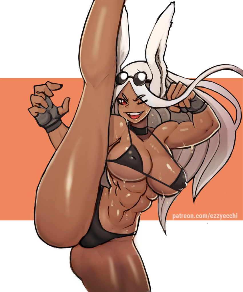 2020 abs animal_humanoid athletic athletic_female athletic_humanoid bikini bodily_fluids breasts brown_body brown_skin clothed clothing ezzyecchi female hair hi_res humanoid lagomorph lagomorph_humanoid leporid_humanoid mammal mammal_humanoid miruko muscular muscular_female my_hero_academia one_eye_closed rabbit_humanoid raised_leg solo sweat swimwear text url white_hair