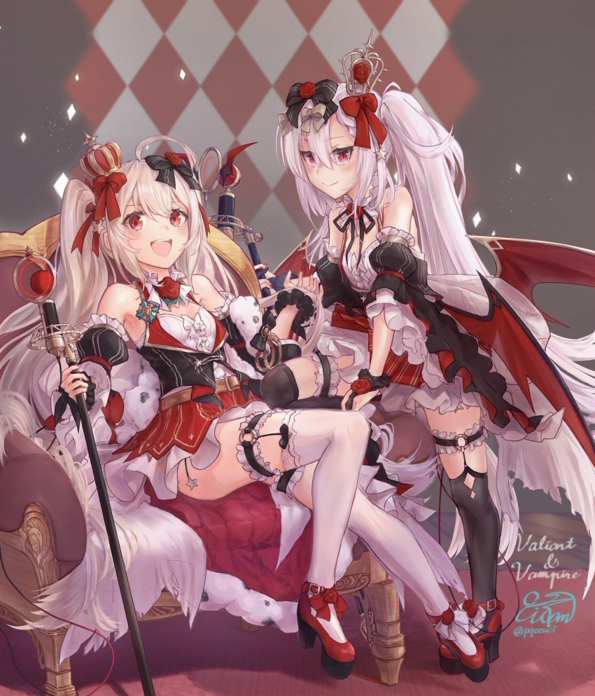 2girls :d ahoge argyle argyle_background azur_lane bangs bare_shoulders black_bow black_dress black_legwear black_sleeves blush bow breasts bridal_gauntlets carpet character_name closed_mouth collar commentary_request couch crossed_legs crown detached_collar detached_sleeves dress eicam eyebrows_visible_through_hair fang fang_out flower frilled_collar frilled_dress frilled_sleeves frills full_body grey_background hair_between_eyes hair_bow hair_ribbon hairstyle_connection high_heels highres holding holding_scepter leg_garter long_hair looking_at_viewer low_wings metal_wings mini_crown multiple_girls o-ring open_mouth puffy_detached_sleeves puffy_sleeves red_bow red_dress red_eyes red_footwear ribbon ringlets rose scepter shadow sidelocks signature silver_hair sitting skin_fang skindentation skirt sleeveless sleeveless_dress slit_pupils small_breasts smile standing standing_on_one_leg thigh_strap thighhighs twintails twitter_username upper_teeth valiant_(azur_lane) vampire_(azur_lane) very_long_hair white_hair white_legwear wings zettai_ryouiki