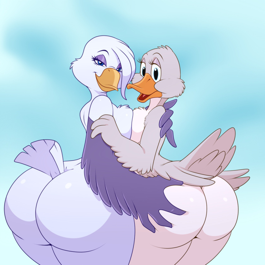 1:1 2021 anatid anseriform anserinae anthro avian balto_(film) big_butt bird breast_squish breasts breasts_frottage butt butt_grab crossover duck duo feathers female female/female goose grey_body grey_feathers hand_on_butt hi_res huge_butt lonbluewolf looking_at_viewer looking_back metro-goldwyn-mayer mother_duck multicolored_body multicolored_feathers non-mammal_breasts rear_view simple_background smile snow_goose squish stella_(balto) tom_and_jerry two_tone_body two_tone_feathers white_body white_feathers winged_arms wings