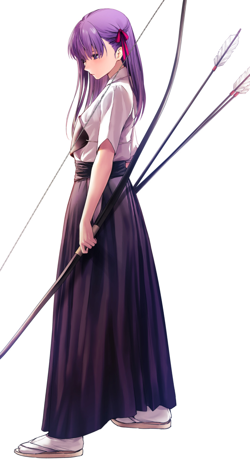 1girl absurdres applekun arrow_(projectile) bangs bow_(weapon) closed_mouth earrings expressionless eyebrows_visible_through_hair fate/stay_night fate_(series) full_body geta hair_ribbon hakama highres holding holding_bow_(weapon) holding_weapon japanese_clothes jewelry long_hair looking_away looking_down matou_sakura muneate pink_ribbon purple_eyes purple_hakama ribbon short_sleeves simple_background solo standing tabi weapon white_background white_legwear