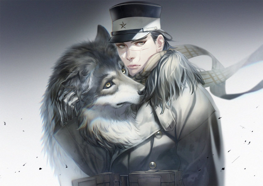 1boy alternate_costume animal black_hair black_sclera body_fur brown_coat brown_eyes buttons coat colored_sclera expressionless golden_kamuy hat highres imperial_japanese_army kepi male_focus military_hat realistic scar scar_on_cheek scar_on_face scar_on_nose scarf short_hair simple_background solo spiked_hair sugimoto_saichi symbolism upper_body w55674570w wolf yellow_eyes yellow_scarf