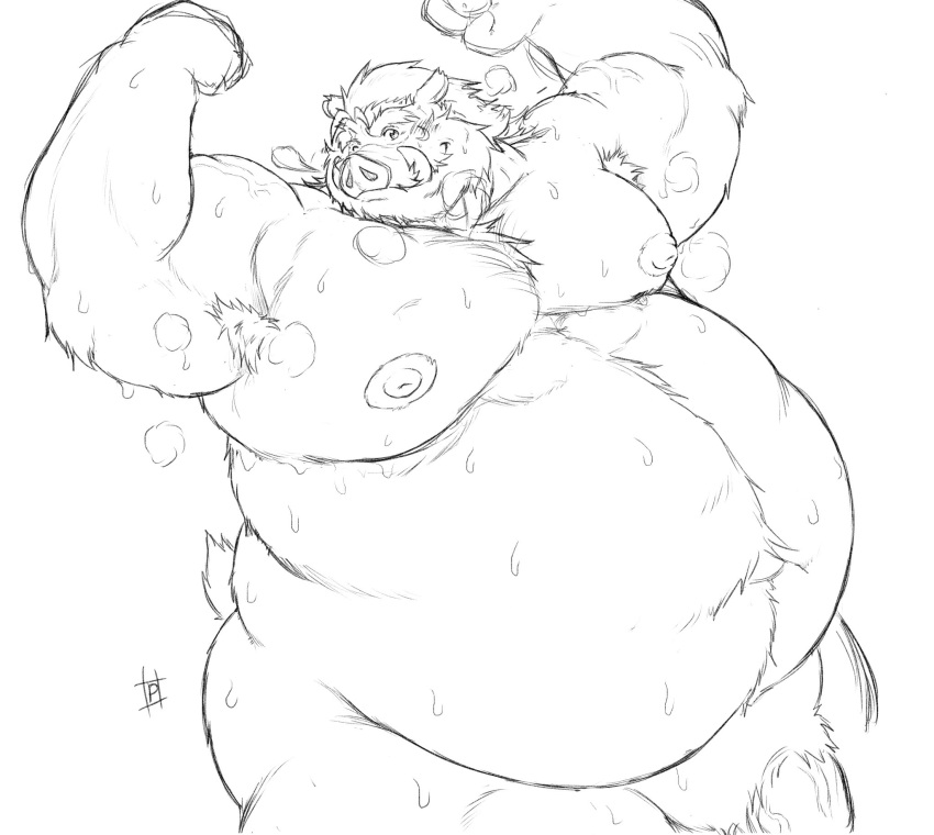 2021 anthro armpit_hair belly bodily_fluids body_hair genitals hi_res kemono male mammal monochrome moobs musk navel nipples overweight overweight_anthro overweight_male penis pochizizi simple_background sketch solo suid suina sus_(pig) sweat white_background wild_boar