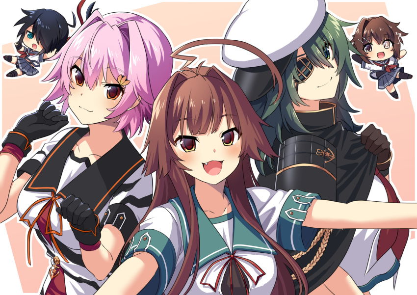 5girls :3 :d ahoge anchor_symbol aqua_sailor_collar bangs black_cape black_gloves black_hair black_sailor_collar blue_eyes blush bodysuit breasts brown_eyes brown_gloves brown_hair cape chibi chibi_inset collarbone commentary_request creator_connection crop_top crop_top_overhang elbow_gloves eyebrows_visible_through_hair eyepatch fang furutaka_(kantai_collection) gloves glowing glowing_eye green_eyes green_hair green_sailor_collar hair_intakes hair_ornament hair_over_one_eye hairclip hat heterochromia highres huge_ahoge kako_(kantai_collection) kantai_collection kiso_(kantai_collection) kuma_(kantai_collection) large_breasts long_hair looking_at_viewer medium_breasts messy_hair mizuki_eiru_(akagi_kurage) multiple_girls neck_ribbon open_mouth outstretched_arms paw_pose pink_background pink_hair pleated_skirt ponytail red_neckwear remodel_(kantai_collection) ribbon sailor_collar sailor_hat sailor_shirt school_uniform serafuku shirt short_hair short_sleeves sidelocks single_elbow_glove skirt smile standing tama_(kantai_collection) upper_body white_headwear white_shirt yellow_eyes