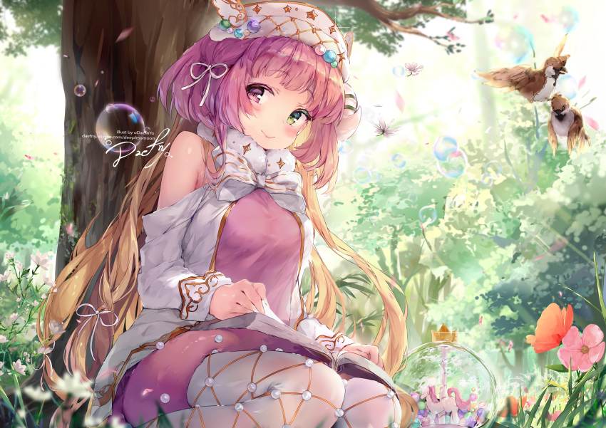 animal bicolored_eyes bird blush book bow daefny flowers grass green_eyes long_hair purple_eyes purple_hair signed tree