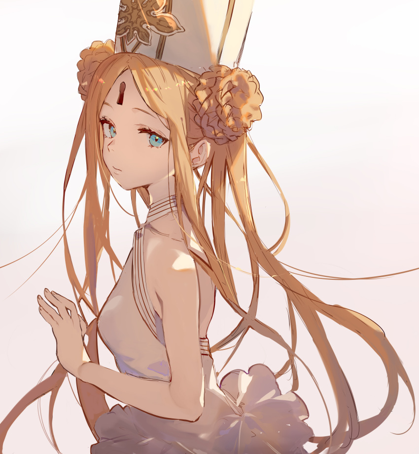 1girl abigail_williams_(fate/grand_order) abigail_williams_(swimsuit_foreigner)_(fate) absurdres bangs bare_shoulders blonde_hair blue_eyes braid braided_bun breasts double_bun dress_swimsuit fate/grand_order fate_(series) forehead highres keyhole long_hair mitre parted_bangs sidelocks small_breasts swimsuit tsuiru twintails very_long_hair white_headwear white_swimsuit