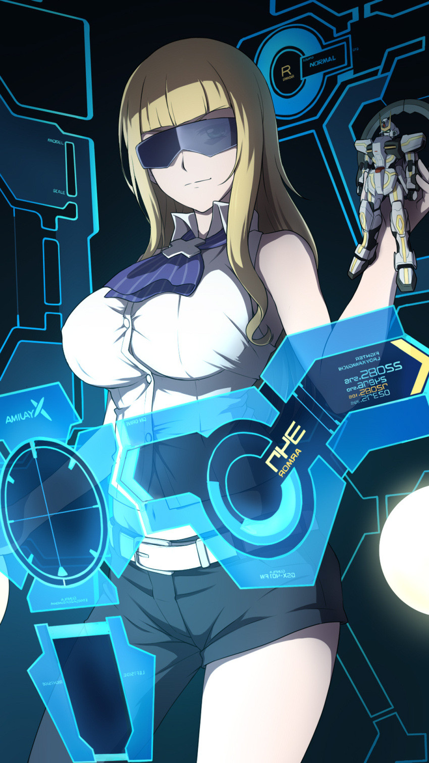 1girl ascot asymmetrical_clothes bangs bare_shoulders belt black_pants blonde_hair blue_neckwear blunt_bangs breasts closed_mouth collared_shirt commentary_request covered_nipples cowboy_shot green_eyes groin gundam gundam_build_fighters gundam_build_fighters_try gundam_stargazer gunpla heads-up_display highres holding lady_kawaguchi laofuzi_dai_bansho large_breasts long_hair looking_at_viewer midriff navel pants shirt sidelocks single_pantsleg sleeveless sleeveless_shirt solo standing sunglasses white_belt white_shirt