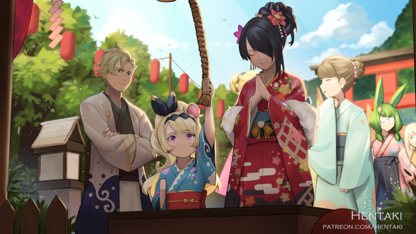 1boy 6+girls animal_ears arm_up artist_name bangs black_hair black_kimono black_ribbon blonde_hair blue_kimono blurry blurry_background brown_hair bunny_ears cassandra_(dragalia_lost) character_request commentary crossed_arms curran_(dragalia_lost) depth_of_field dragalia_lost egasumi english_commentary eyebrows_visible_through_hair floral_print flower glasses green_eyes green_hair hair_bun hair_flower hair_ornament hair_over_one_eye hair_ribbon hands_together hentaki japanese_clothes kimono lathna long_sleeves multiple_girls obi opaque_glasses own_hands_together palms_together pink_flower print_kimono purple_eyes red_flower red_kimono ribbon round_eyewear sash sleeves_past_fingers sleeves_past_wrists watermark web_address wide_sleeves