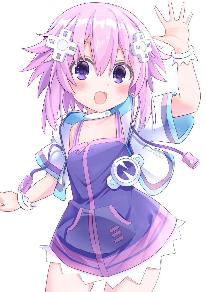 1girl absurdres blush collar collarbone d-pad d-pad_hair_ornament dress eyebrows_visible_through_hair hair_between_eyes hair_ornament highres kami_jigen_game_neptune_v looking_at_viewer medium_hair naoya_(naoya_ee) neptune_(neptune_series) neptune_(series) open_mouth purple_dress purple_eyes purple_hair short_sleeves sidelocks simple_background solo vest white_background white_legwear