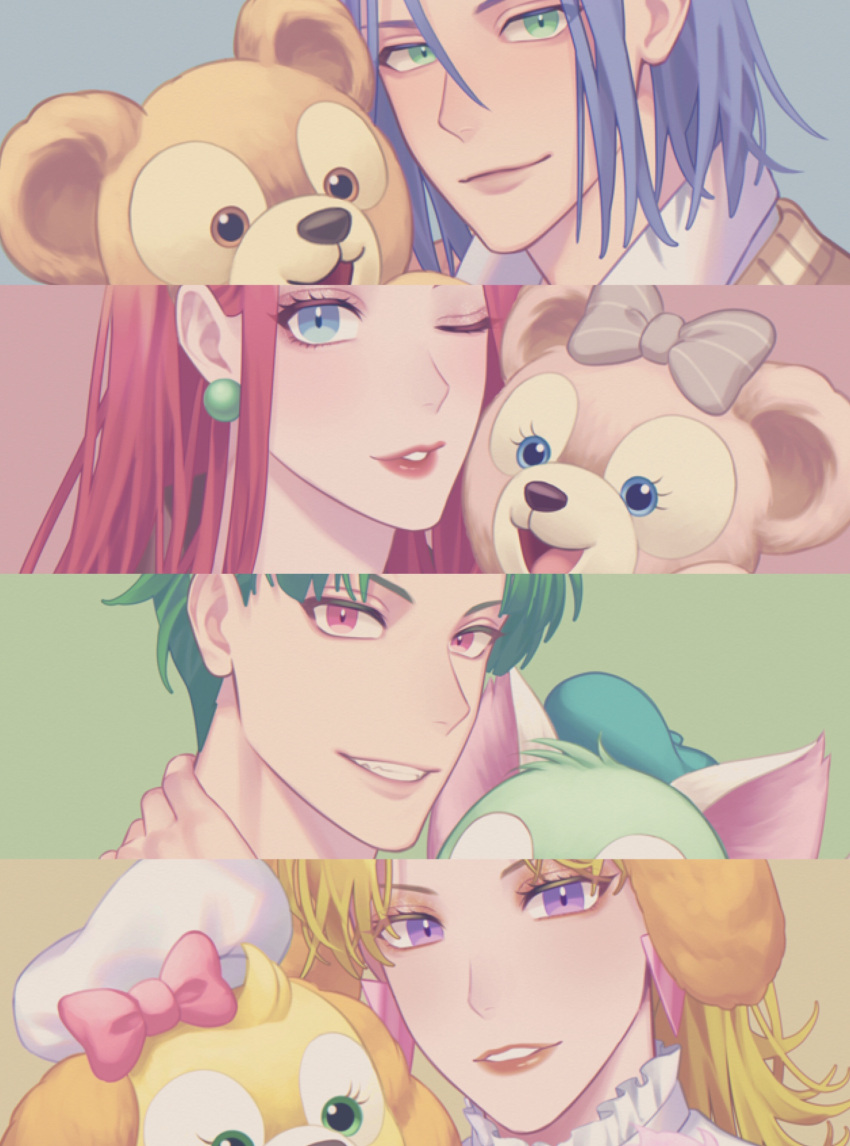 2boys 2girls absurdres bangs blonde_hair blue_eyes blue_hair bow butch_(pokemon) cassidy_(pokemon) clenched_teeth closed_mouth earrings eyelashes gi_xxy green_eyes green_hair grey_bow hair_between_eyes highres james_(pokemon) jessie_(pokemon) jewelry lipstick looking_at_viewer makeup multiple_boys multiple_girls parted_lips pink_bow pokemon pokemon_(anime) purple_eyes smile stuffed_animal stuffed_toy symbol_commentary teddy_bear teeth