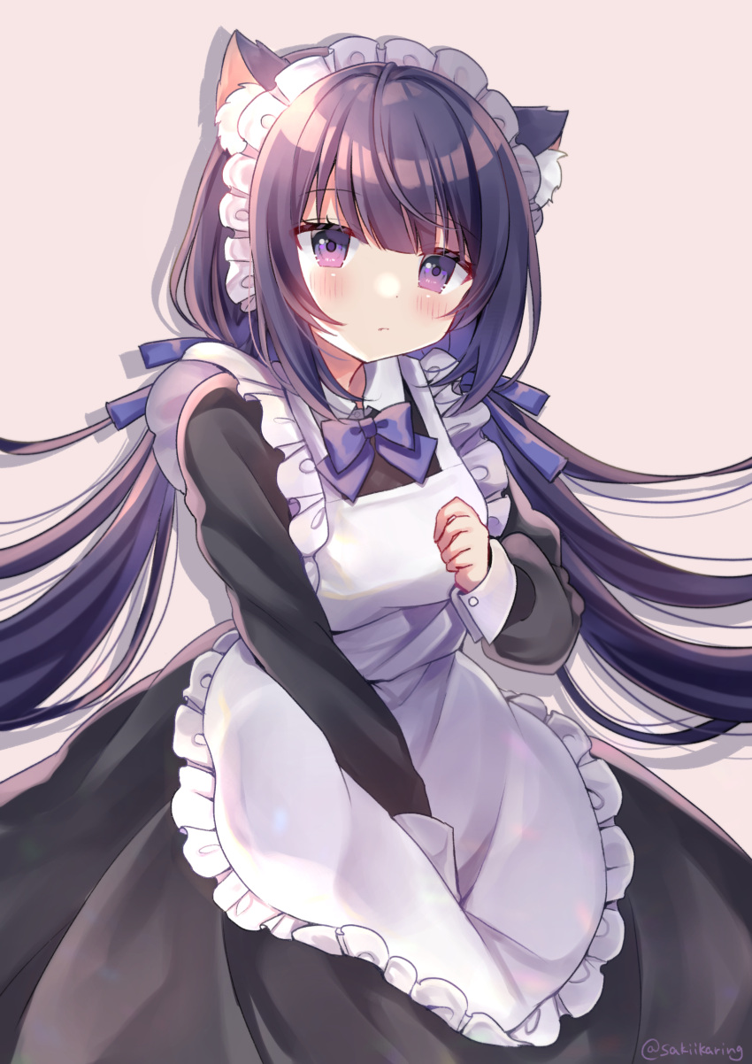 1girl absurdres animal_ears apron bangs black_dress black_hair blue_ribbon blush bow breasts brown_background cat_ears closed_mouth collared_dress commentary dress eyebrows_visible_through_hair frilled_apron frills hair_ribbon highres long_hair long_sleeves looking_at_viewer low_twintails maid maid_apron maid_headdress medium_breasts minami_saki original purple_bow purple_eyes ribbon simple_background solo twintails very_long_hair white_apron
