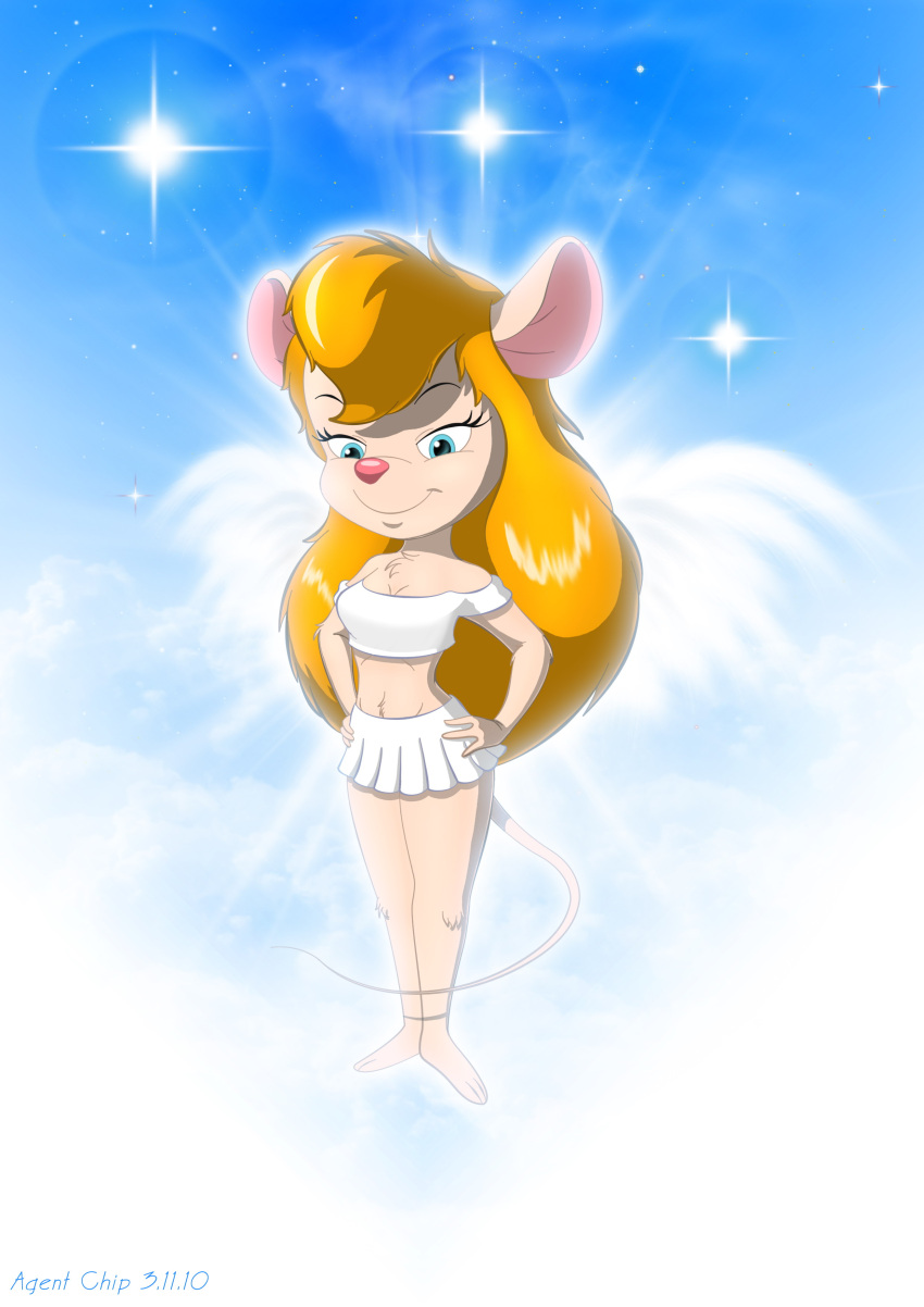 2010 absurd_res agentchip angel blue_eyes bottomwear chip_'n_dale_rescue_rangers clothing disney feathered_wings feathers female gadget_hackwrench hair hi_res light mammal mouse murid murine orange_hair rodent shirt skirt sky star topwear wings