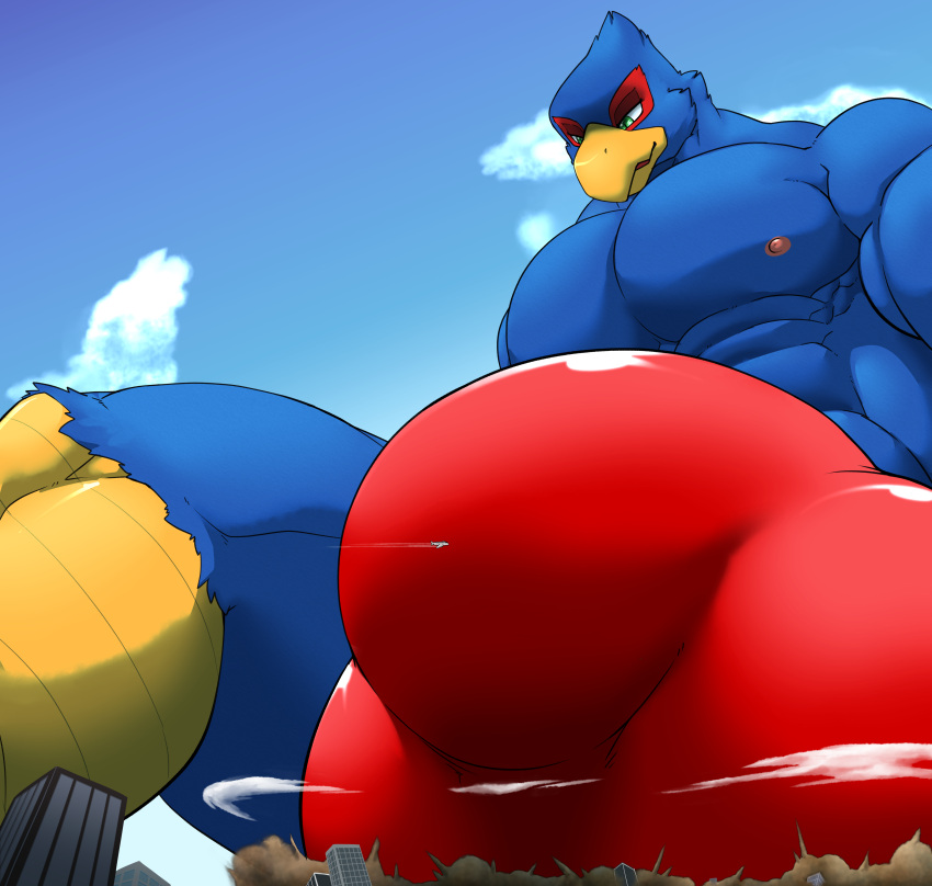 absurd_res aircraft airplane anthro avian bird blue_body bulge city clothing croiyan destruction falco_lombardi hi_res low-angle_view macro male nintendo sitting solo speedo star_fox swimwear video_games