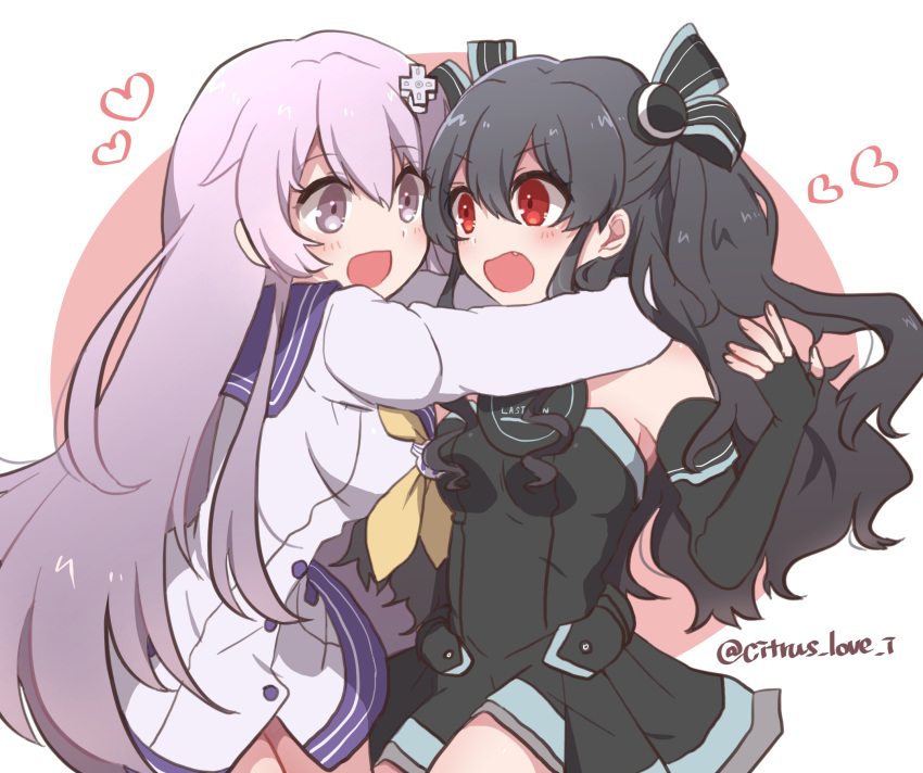 2girls black_dress black_gloves black_hair d-pad d-pad_hair_ornament dress elbow_gloves fingerless_gloves gloves hair_ornament hair_ribbon happy haruna_endp7427 highres hug long_hair looking_at_another multiple_girls nepgear neptune_(series) open_mouth purple_hair red_eyes ribbon sailor_dress sleeveless smile twitter_username two_side_up uni_(neptune_series) yuri