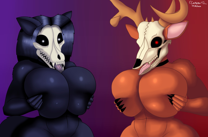american_mythology anthro big_breasts bone breasts canid canine cobalt_canine duo female hi_res holding_breast huge_breasts indigenous_north_american_mythology malo mammal monster mythology north_american_mythology nude scp-1471 scp-1471-a scp_foundation skull wendigo wide_hips
