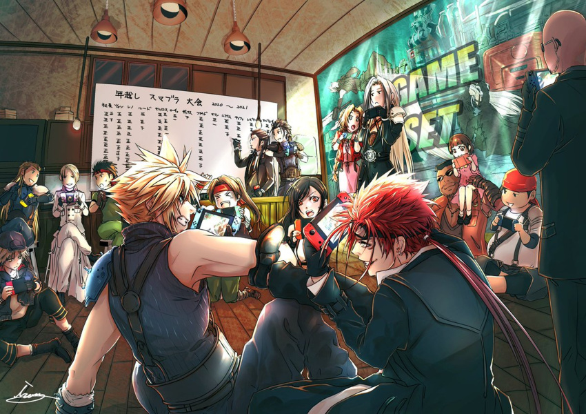 4girls 6+boys aerith_gainsborough annoyed bandana barret_wallace biggs_(ff7) cloud_strife final_fantasy final_fantasy_vii final_fantasy_vii_remake formal game_console handheld_game_console hat headband highres holding holding_handheld_game_console jessie_rasberry leslie_kyle marlene_wallace moriiiiiiiiiinn multiple_boys multiple_girls nintendo_switch playing_games reno_(ff7) roche_(ff7r) rude_(ff7) rufus_shinra sephiroth sitting sleeveless spiked_hair suit super_smash_bros. tifa_lockhart tseng wedge_(ff7) zack_fair