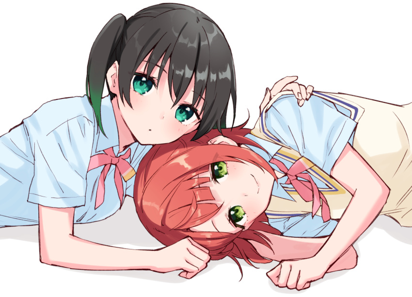 2girls arm_support bangs black_hair blue_shirt blunt_bangs closed_mouth collared_shirt commentary dress_shirt eyebrows_visible_through_hair gradient_hair green_eyes green_hair hair_between_eyes hand_in_hair hand_on_another's_shoulder highres hijiki_(hijikini) light_blush looking_at_viewer love_live! love_live!_nijigasaki_high_school_idol_club lying multicolored_hair multiple_girls neck_ribbon nijigasaki_academy_uniform on_side on_stomach parted_lips pink_neckwear pink_ribbon red_hair ribbon school_uniform shiny shiny_hair shirt short_hair short_sleeves simple_background smile sweater_vest takasaki_yuu twintails two-tone_hair uehara_ayumu upper_body white_background
