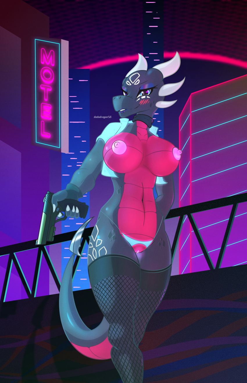absurd_res activision anthro blush breasts building city clothed clothing cynder dododragon56 dragon female fishnet fishnet_legwear genitals gun hi_res holding_object holding_weapon horn leggings legwear looking_at_viewer mostly_nude motel neon_lights neon_sign nipples non-mammal_breasts nude pussy ranged_weapon reptile scales scalie sign skimpy solo spyro_the_dragon tail_blade video_games weapon