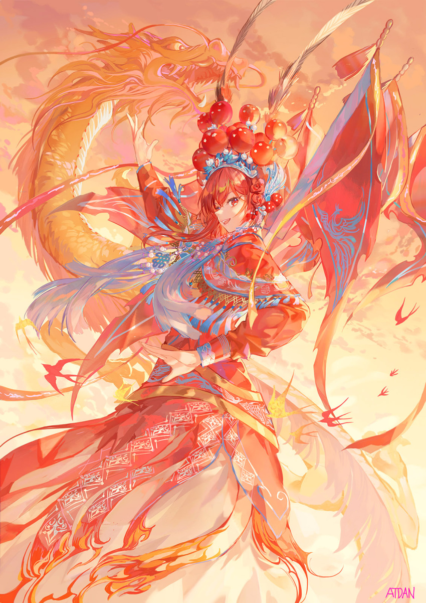 1girl arm_up atdan bird capelet chinese_clothes chiyu_(synthesizer_v) cloud dragon dress eastern_dragon feathers fire flag flower hair_feathers hair_flower hair_ornament headpiece highres long_sleeves looking_at_viewer open_mouth red_dress red_eyes red_hair red_theme short_hair_with_long_locks signature smile solo swallow synthesizer_v tassel