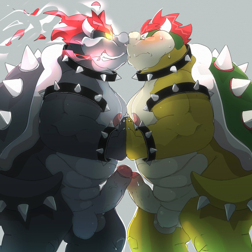 1:1 2021 anthro balls belly black_body blush bowser bowser's_fury dumdum duo erection eyes_closed fury_bowser genitals hi_res kemono koopa male male/male mario_bros moobs musclegut nintendo nipples overweight overweight_male penis scalie selfcest square_crossover video_games