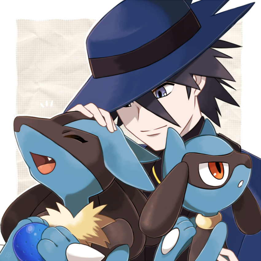 3boys ^_^ animal_ears bangs beige_background berry_(pokemon) black_fur black_hair blue_eyes blue_fur blue_headwear blue_jacket body_fur border child closed_eyes closed_mouth commentary_request fang food furry gen_4_pokemon hair_between_eyes hand_on_another's_head hand_up hands_up happy hat highres holding holding_food jacket looking_at_another looking_down lucario male_focus multiple_boys notice_lines open_mouth oran_berry outline parted_lips petting pokemon pokemon_(anime) pokemon_(creature) pokemon_m08 pokemon_rse_(anime) red_eyes riolu rorosuke short_hair simple_background sir_aaron smile snout spiked_hair spikes upper_body white_border white_outline wolf_boy wolf_ears yellow_fur