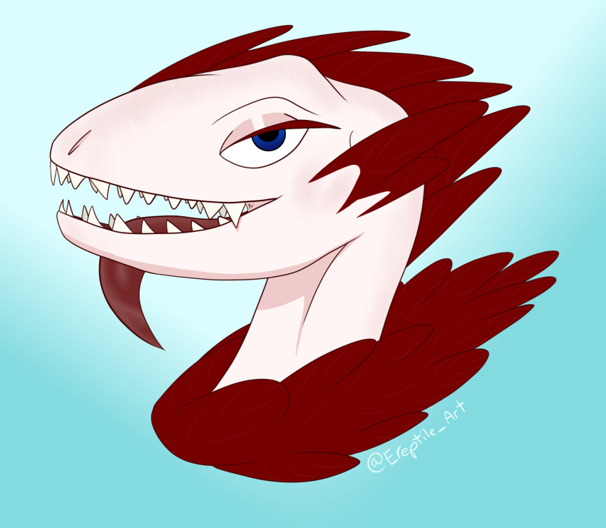 anthro blue_eyes dinosaur dromaeosaurid ereptile_art feathered_dinosaur feathers female headshot_portrait hi_res humanoid looking_at_viewer portrait red_body red_feathers reptile scalie solo solo_focus teeth teeth_showing theropod tongue tongue_out utahraptor white_body white_skin