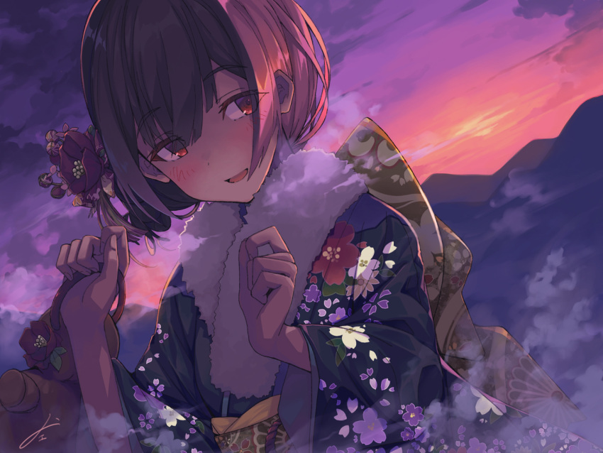 black_hair blush cloud dark dutch_angle floral_print flower furisode hair_flower hair_ornament hand_up hill idolmaster idolmaster_shiny_colors japanese_clothes kimono looking_to_the_side morino_rinze new_year obi open_mouth sash short_hair sky smile sorano_eika sunset upper_body