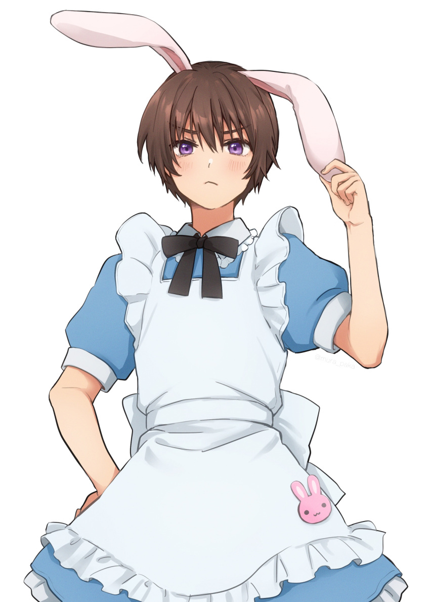 1boy absurdres animal_ears apron black_ribbon blue_dress brown_hair bunny_ears collared_dress crossdressing dress frilled_apron frills hand_on_hip highres higurashi_no_naku_koro_ni maebara_keiichi maid_apron murara purple_eyes ribbon short_hair solo white_apron white_background