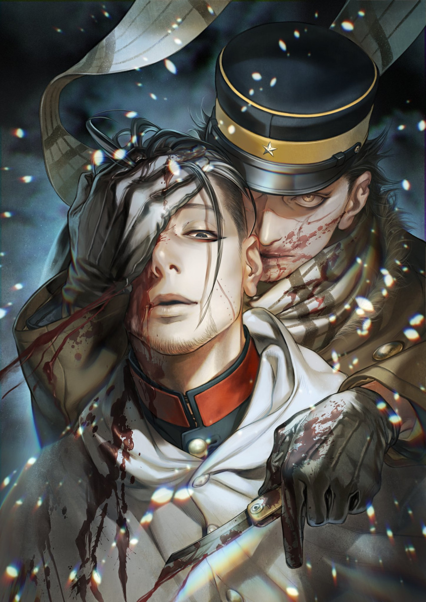 2boys black_eyes black_hair blood blood_on_face blood_splatter blue_jacket brown_gloves buttons cloak collared_jacket facial_hair gloves glowing glowing_eyes golden_kamuy hair_slicked_back hair_strand hand_on_another's_head hat head_tilt head_to_head highres hood hooded_cloak imperial_japanese_army jacket kepi male_focus military military_hat military_uniform multiple_boys ogata_hyakunosuke parted_lips pointing pointing_down scar scar_on_cheek scar_on_face scar_on_nose short_hair simple_background snowing spiked_hair spoilers stubble sugimoto_saichi undercut uniform upper_body w55674570w