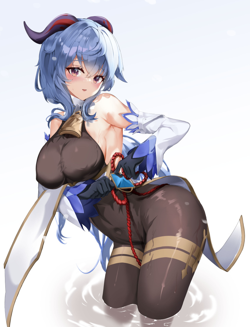 1girl absurdres armpits bare_shoulders bell bell_collar blue_hair breasts collar covered_navel detached_sleeves ganyu_(genshin_impact) genshin_impact gloves highres horns large_breasts long_hair nevin_(flyskying) open_mouth pantyhose purple_eyes simple_background solo water wet