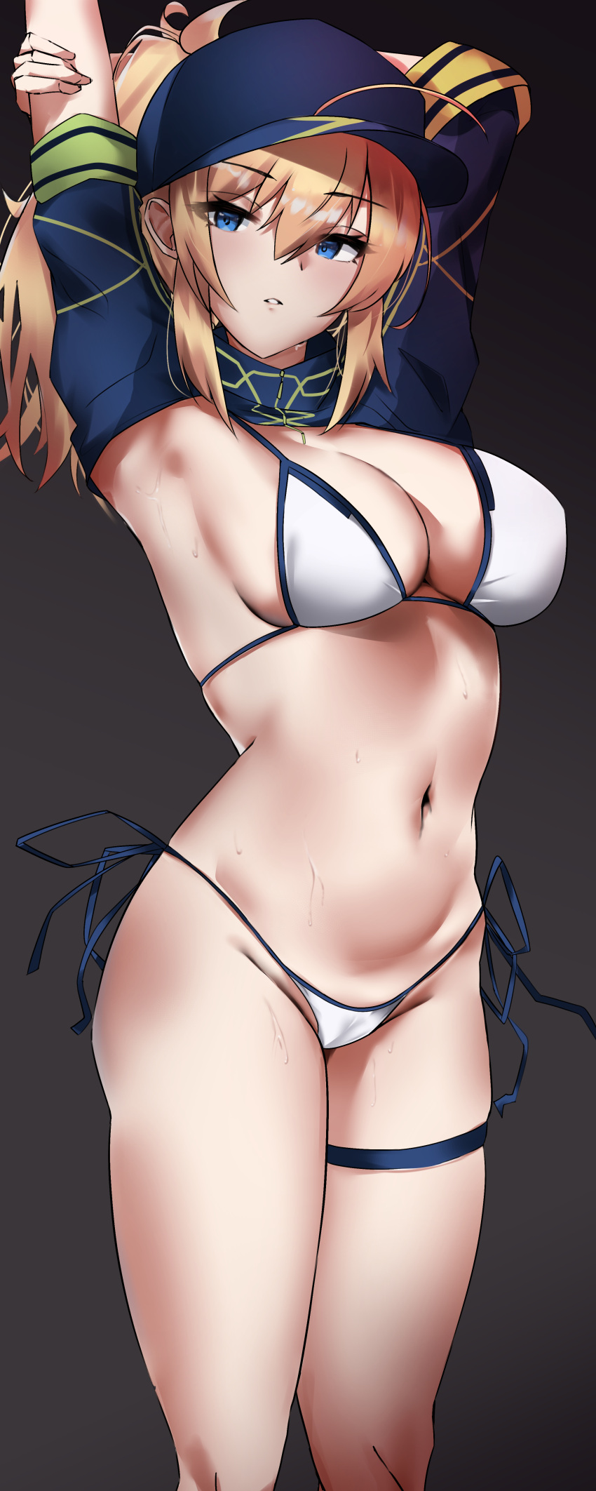 1girl absurdres ahoge arms_up artoria_pendragon_(all) bikini blue_eyes blue_jacket breasts cameltoe cleavage dark_background fate/grand_order fate_(series) feet_out_of_frame grey_background hat highres jacket kyle_(kysizzle) large_breasts mysterious_heroine_xx_(foreigner) navel side-tie_bikini solo swimsuit thigh_strap thighs wet white_bikini