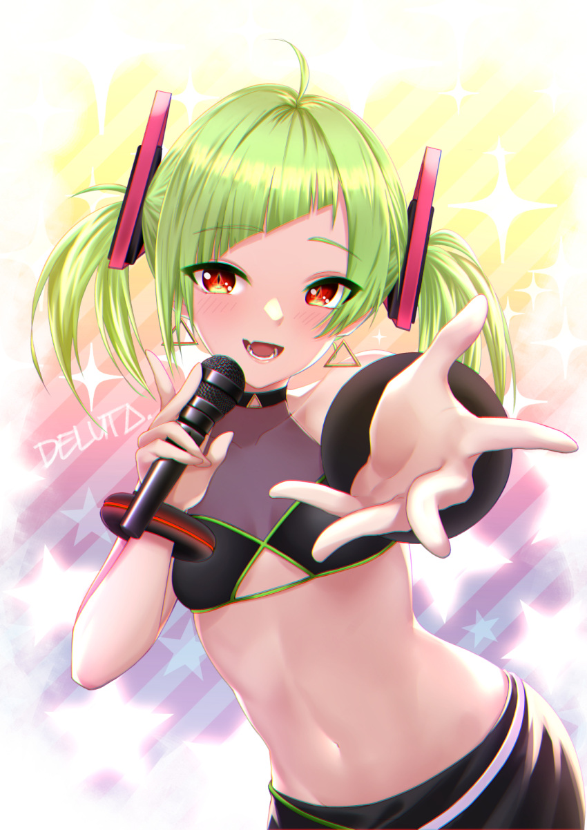 1girl ahoge bangs bare_shoulders black_skirt bracelet character_name clothing_cutout collarbone commentary covered_collarbone crop_top delutaya diagonal_bangs earrings eyebrows_visible_through_hair green_hair highres holding holding_microphone indie_virtual_youtuber jewelry looking_at_viewer microphone midriff navel open_mouth rara086 red_eyes short_twintails skirt solo sparkle_background symbol_in_eye triangle_earrings twintails underboob_cutout virtual_youtuber