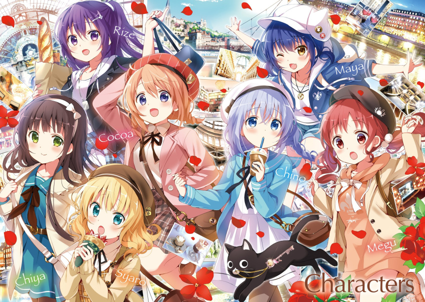 6+girls :d ;d aqua_eyes arm_up bag belt black_headwear black_jacket black_legwear black_neckwear black_ribbon blonde_hair blue_eyes blue_hair blue_sailor_collar blue_shirt blue_skirt blush bow bread brown_belt brown_eyes brown_hair brown_headwear brown_skirt cat character_name collarbone collared_shirt crepe dress drinking_straw fang floating_hair food gochuumon_wa_usagi_desu_ka? green_eyes hair_bow hair_ornament hair_scrunchie hairband handbag hat highres holding holding_bag holding_food holding_hands hood hood_down hooded_jacket hooded_sweater hoto_cocoa interlocked_fingers jacket jewelry jouga_maya kafuu_chino kirima_sharo koi_(koisan) leg_up long_hair miniskirt multiple_girls natsu_megumi neck_ribbon novel_illustration official_art one_eye_closed open_clothes open_jacket open_mouth orange_sweater outstretched_arms paper_bag pendant petals plaid plaid_skirt ponytail purple_eyes purple_hair red_eyes red_hair red_headwear ribbon sailor_collar sailor_shirt scrunchie shiny shiny_hair shirt short_hair silver_hair skin_fang skirt smile striped striped_headwear sweater sweater_dress tedeza_rize ujimatsu_chiya very_long_hair white_bow white_hairband white_headwear white_scrunchie white_shirt white_skirt