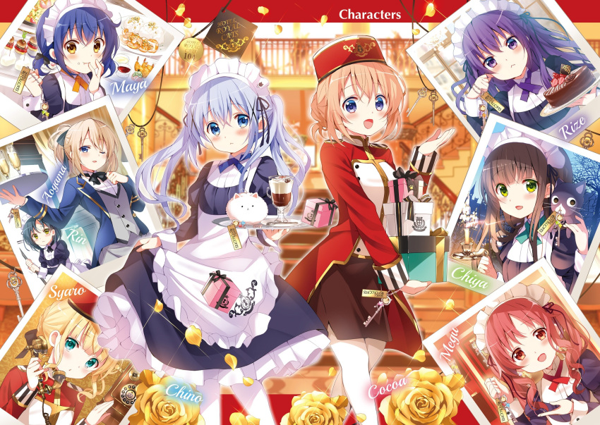 6+girls :d :t alternate_costume anko_(gochiusa) aoyama_blue_mountain apron aqua_eyes aqua_ribbon black_neckwear black_ribbon blonde_hair blue_eyes blue_hair blue_ribbon blue_vest blush brown_eyes brown_hair brown_skirt character_name closed_mouth cup curly_hair dress_shirt drinking_glass enmaided floating_hair food food_on_face gochuumon_wa_usagi_desu_ka? green_eyes grey_vest hair_ribbon hat highres holding holding_phone holding_plate hoto_cocoa jouga_maya kafuu_chino kirima_sharo koi_(koisan) long_hair long_sleeves looking_at_viewer maid maid_headdress mate_rin miniskirt multiple_girls natsu_megumi neck_ribbon novel_illustration official_art one_eye_closed open_clothes open_mouth open_vest pencil_skirt phone photo_(object) plate purple_eyes purple_hair purple_ribbon red_eyes red_hair red_headwear red_ribbon ribbon shiny shiny_hair shirt skirt smile standing tedeza_rize tied_hair twintails ujimatsu_chiya very_long_hair vest white_apron white_legwear white_shirt wine_glass