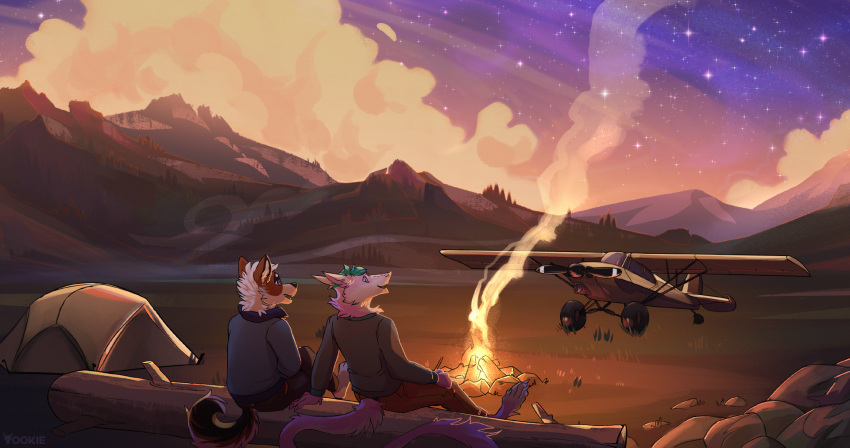 anthro biplane black_body black_fur blue_clothing blue_eyes bottomwear brown_body brown_clothing brown_fur campfire campsite canid canine canis cha_yen_(hubble2121) clothed clothing cloud crossed_legs curled_tail domestic_dog duo fangs fur green_hair grey_clothing hair hand_on_leg hands_on_legs hi_res looking_away male mammal marcthesergal mountain neck_tuft open_mouth orange_body orange_fur outside plant relaxing rock sergal sitting sky spitz star sunset tent thai_bangkaew topwear tree tree_trunk tuft white_body white_fur white_hair yookie