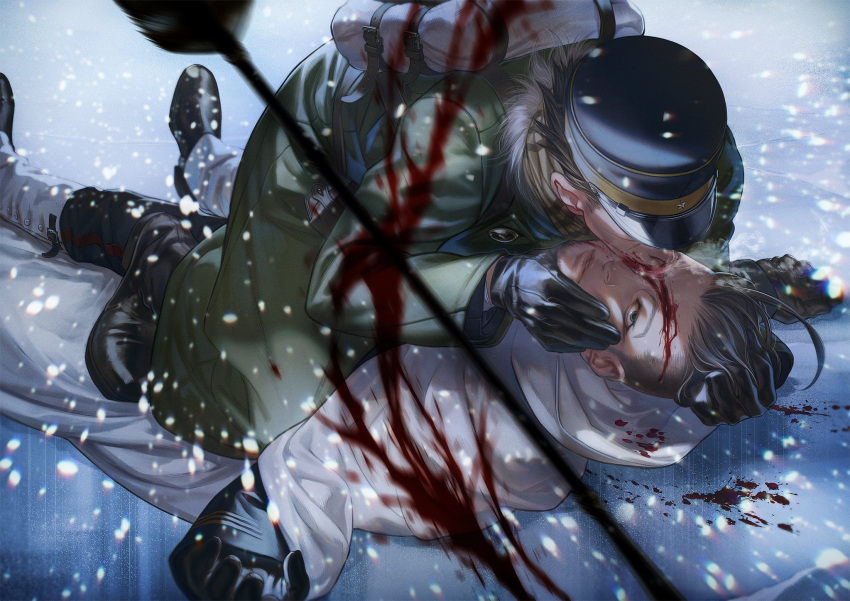 2boys arrow_(projectile) backpack bag black_eyes black_hair blood blood_on_face blood_splatter blood_sucking buttons coat collared_jacket facial_hair full_body golden_kamuy green_coat hair_slicked_back hair_strand hand_on_another's_head hat highres imperial_japanese_army kepi lying male_focus military_hat multiple_boys ogata_hyakunosuke on_back outstretched_arms scar scar_on_cheek scar_on_face scar_on_nose short_hair simple_background snow snowing spiked_hair spoilers spread_arms stubble sucking sugimoto_saichi undercut w55674570w winter_clothes