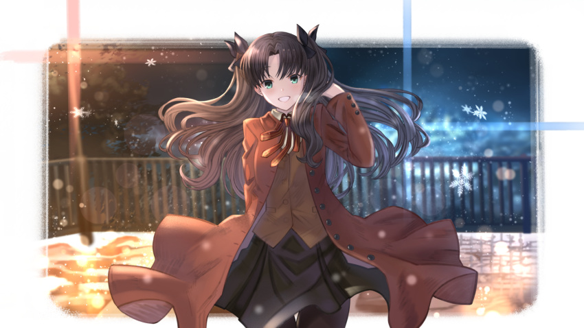 1girl black_bow black_legwear black_skirt bow brown_hair brown_vest coat fate/stay_night fate_(series) floating_hair green_eyes grin hair_bow hair_intakes hand_in_hair homurahara_academy_uniform lens_flare long_hair looking_at_viewer miniskirt mohurine_cute open_clothes open_coat outdoors pantyhose pleated_skirt red_coat shiny shiny_hair skirt smile snowflakes snowing solo standing thigh_gap tohsaka_rin twintails very_long_hair vest winter