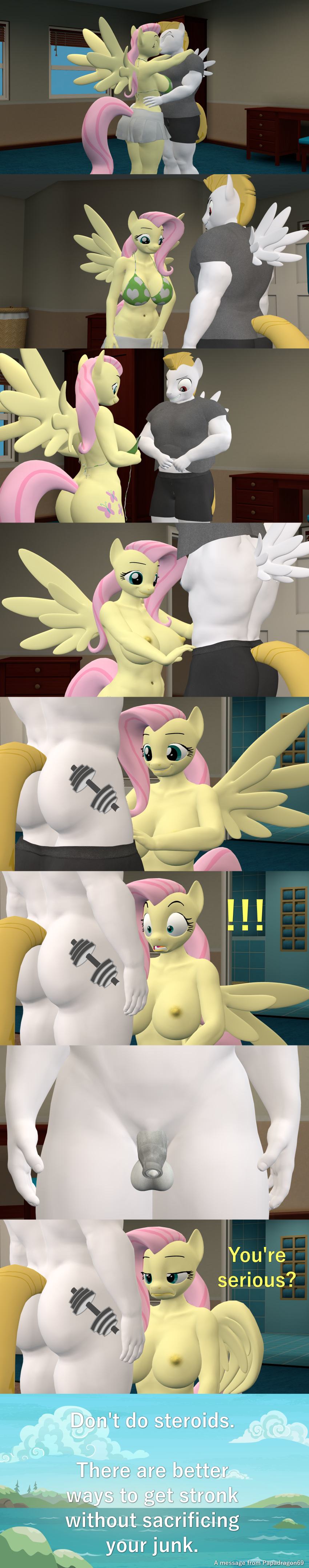 3d_(artwork) absurd_res anthro anthrofied balls big_breasts big_butt bottomless bottomwear breasts bulk_biceps_(mlp) butt clothed clothing comic dialogue digital_media_(artwork) duo english_text equid equine female fluttershy_(mlp) friendship_is_magic genitals hasbro hi_res long_image male male/female mammal muscular muscular_male my_little_pony nipples nude papadragon69 pegasus penis skirt small_penis tall_image text undressing wings