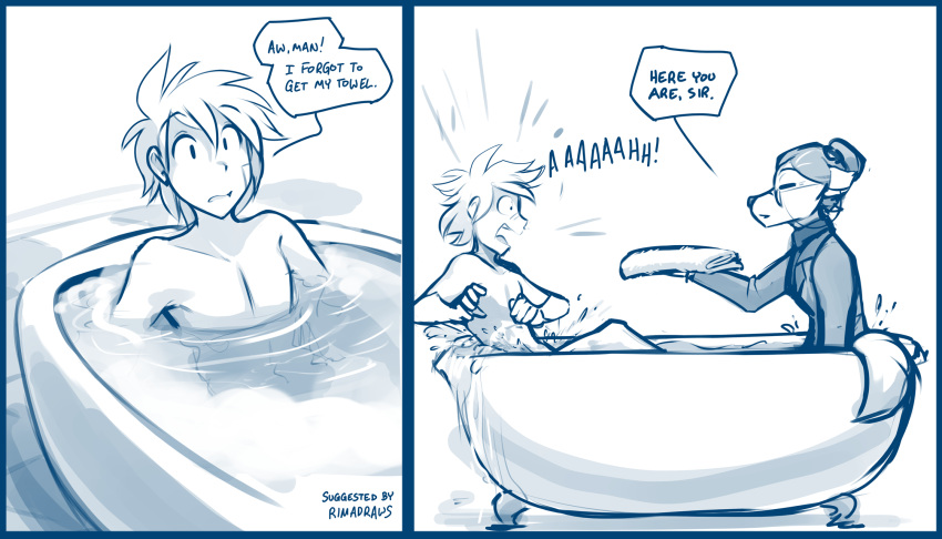 anthro bath bathroom bathtub blue_and_white canid canine canis conditional_dnp duo english_text eyewear female fur glasses hair hi_res human keidran male mammal monochrome roselyn_(twokinds) screaming sketch surprise teleportation text tom_fischbach towel trace_legacy twokinds webcomic wolf