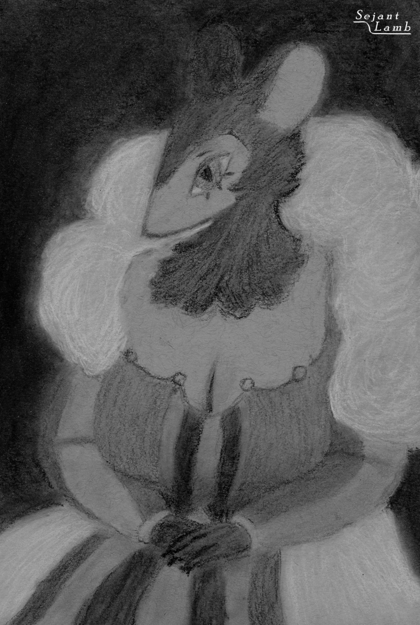 2019 anthro big_breasts black_background black_body black_fur breasts charcoal_(artwork) cleavage clothed clothing dress female frilly frilly_clothing fur greyscale hi_res looking_at_viewer mammal monochrome murid murine pastel_(artwork) pattern_clothing portrait pose pupils queen rat rodent royalty sejantlamb simple_background sitting slit_pupils solo striped_clothing stripes traditional_media_(artwork)