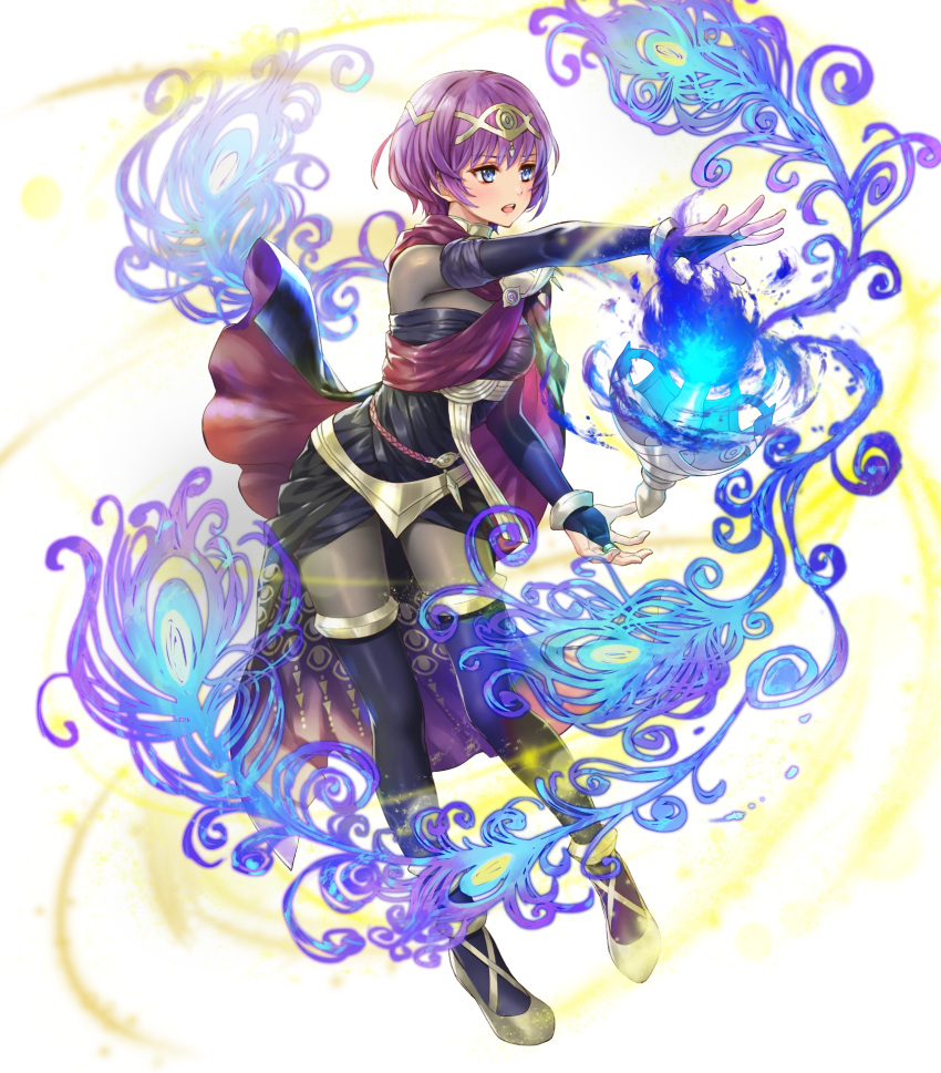 1girl bangs bodysuit breasts bridal_gauntlets cape dress fire_emblem fire_emblem:_new_mystery_of_the_emblem fire_emblem_heroes floating floating_object full_body gradient gradient_clothes highres jewelry katarina_(fire_emblem) kaya8 loincloth looking_away magic medium_breasts official_art open_mouth purple_eyes purple_hair shiny shiny_clothes shoes short_dress short_hair skin_tight solo thighhighs tiara transparent_background