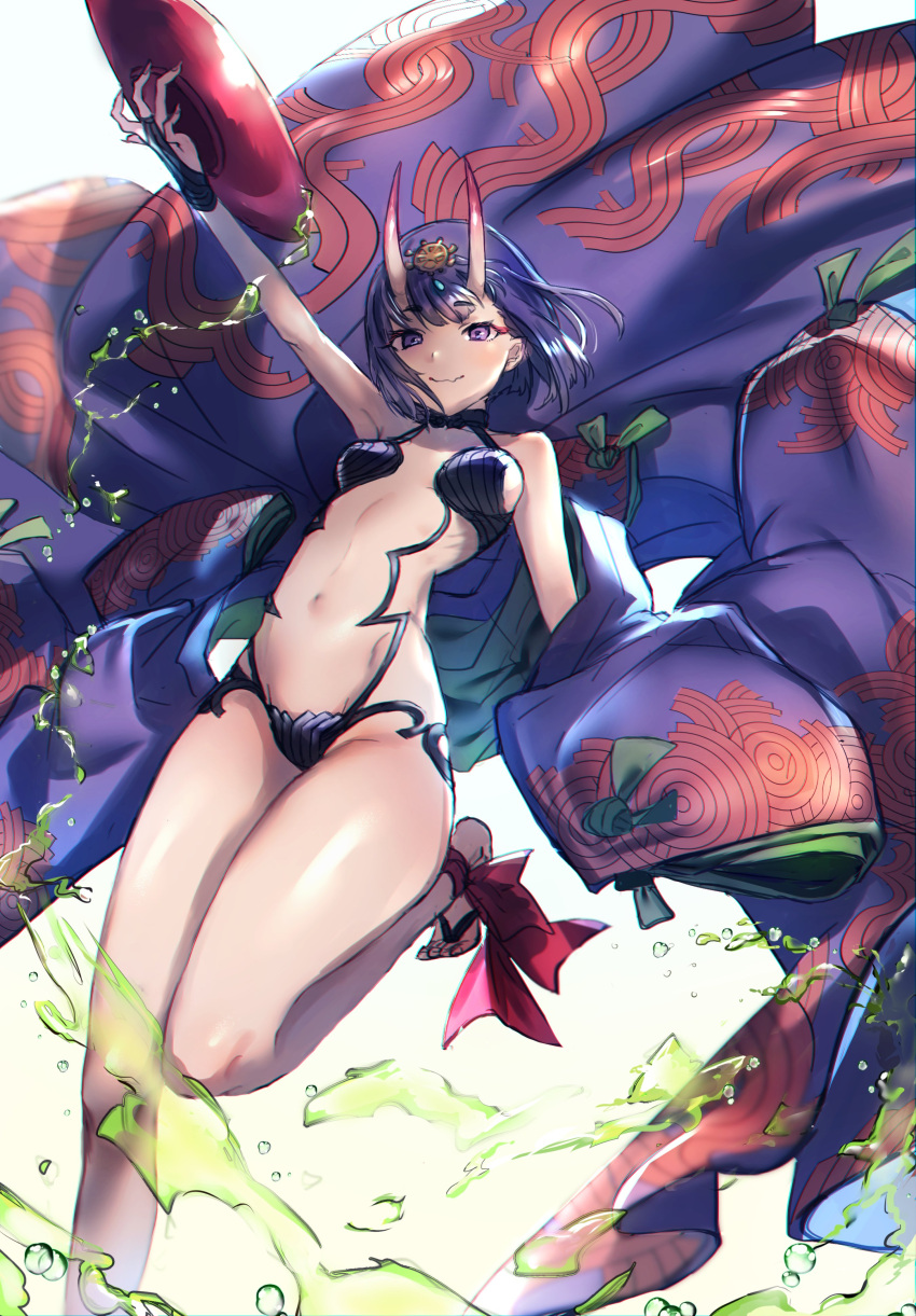1girl absurdres akebono_kt alcohol arm_up bangs bare_shoulders barefoot barefoot_sandals blush bob_cut breasts bridal_gauntlets closed_mouth collarbone eyeliner fate/grand_order fate_(series) feet headpiece highres horns japanese_clothes kimono long_sleeves looking_at_viewer makeup navel oni oni_horns open_clothes open_kimono purple_eyes purple_hair purple_kimono revealing_clothes sake short_eyebrows short_hair shuten_douji_(fate/grand_order) simple_background small_breasts smile solo thighs white_background wide_sleeves