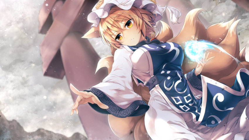 1girl animal_ears bangs blonde_hair breasts cloud cloudy_sky dress dutch_angle fox_ears fox_tail hair_between_eyes hat highres kitsune large_breasts long_sleeves midori_(misuriru8) mountain multiple_tails open_mouth outdoors pillow_hat sky snowing solo standing tabard tail torii touhou white_dress white_headwear wide_sleeves yakumo_ran yellow_eyes yellow_tail