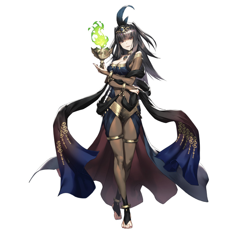 1girl absurdres bangs black_eyes black_hair bodysuit breasts bridal_gauntlets cleavage commentary_request covered_navel cozy crossed_arms detached_collar feathers fire_emblem fire_emblem_awakening fire_emblem_heroes floating floating_object full_body hair_ornament highres jewelry loincloth long_hair looking_at_viewer medium_breasts official_art open_toe_shoes pale_skin shiny shiny_hair short_twintails simple_background skin_tight smile solo standing tharja_(fire_emblem) tiara tied_hair toes twintails white_background