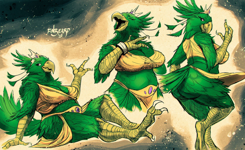 2020 3_fingers 3_toes anthro avian beak big_breasts biped bird bird_feet bottomwear breasts butt butt_pose chocobo claws cleavage clothed clothing crown curvy_figure dated deity digital_drawing_(artwork) digital_media_(artwork) eyelashes feathers feet female final_fantasy finbeard fingers green_body green_feathers green_tail_feathers hi_res loincloth looking_at_viewer lying midriff monotone_body monotone_feathers multiple_images navel non-mammal_breasts non-mammal_navel open_beak open_mouth panties pose purple_eyes side_boob signature simple_background sketch_page skimpy slightly_chubby smile smiling_at_viewer solo square_enix standing tail_feathers talons thick_thighs titania_(knightoiuy) toes underwear video_games voluptuous wide_hips yellow_beak